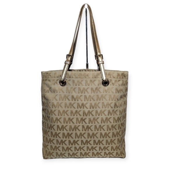 Michael Kors Handbags - Michael Kors Tote North South Canvas Khaki Cream Beige Gold Metalic MK Logo